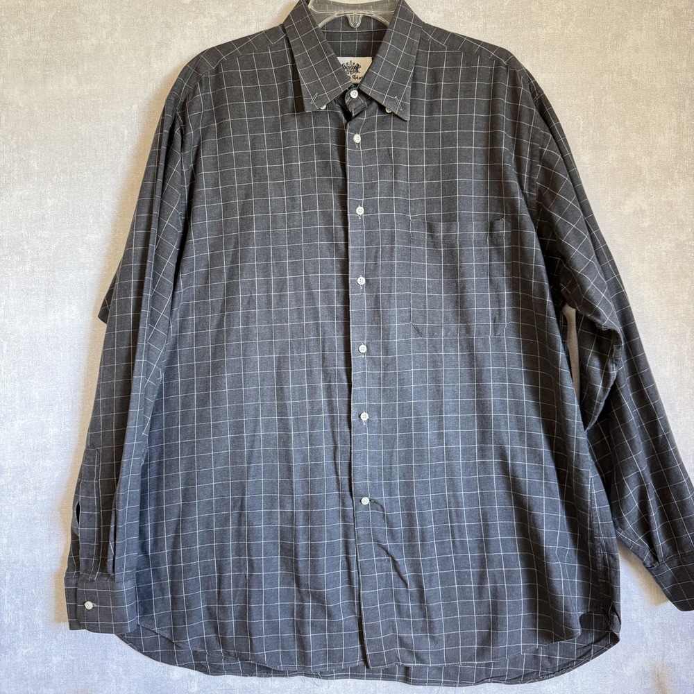 Oxxford Clothes Shirt Mens 2XL‎ Gray Windowpane Button Up Cotton Long Sleeve